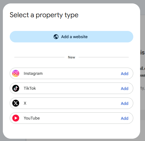 Google Search Console Add property menu showing Instagram, TikTok, X, and YouTube options